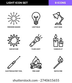 Simple Outlined Light Source Icon Set with Fire and Illumination