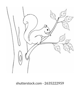 A simple outlined squirrel perched on a branch of a tree with leaves in black and white