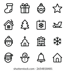 Simple Outlined Winter Holiday Celebration Element Icon Set