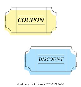 Un simple contorno de la decepción de cupón conjunto azul y amarillo en dibujos animados de estilo plano aislado en un fondo blanco. Ilustración vectorial del descuento por venta de cupón de cupón de regalo