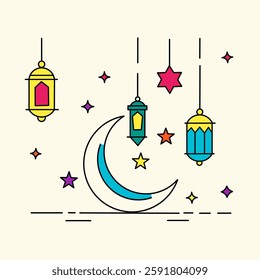 Simple outlines of a crescent moon and stars, with delicate lanterns hanging from the top. Perfect for Ramadan-themed elegant drawing designs.
