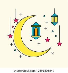 Simple outlines of an elegant crescent moon, stars, and hanging lanterns. Perfect for Ramadan-themed designs.