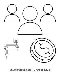 Contornos simples de três pessoas, braço robótico, e uma moeda de um dólar. Ideal para trabalho em equipe, colaboração, tecnologia, automação, futuro do trabalho no setor financeiro. Metáfora de linha
