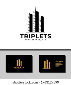 Simple and outstanding logo template design that illustrates triplets building for real estate companies