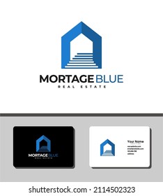 Diseño de una plantilla de logotipo simple y sobresaliente que combina el icono de las escaleras y el icono de la casa para la empresa inmobiliaria e hipotecaria