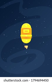 Simple Oval Cartoon Spaceship With Yellow Stars on Milky Way Background, Vector Design.
