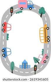 A simple oval road frame is decorated with cars, a bus, and a truck in a flat cartoon style.  The traffic scene includes a building and signals, showcasing a journey's elements.