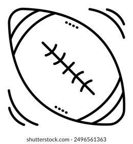 Simple oval rugby ball in flight. Vector monochrome illustration of sport accessory, editable stroke