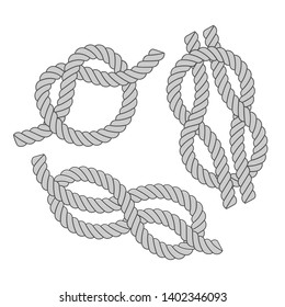 Simple overhand knot, figure eight knot and square knot, isolated on white background.