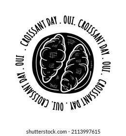 simple overhead view of croissant on saucer hand drawn solid vintage vector logo