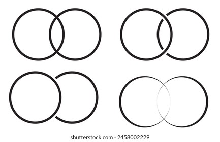 Simple overlapping circles vector drawing, version with three to seven objects, also interlocked rounds style. Vector illustration. Isolated on white background. EPS 10