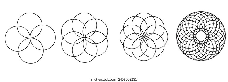 Simple overlapping circles vector drawing, version with three to seven objects, also interlocked rounds style. Vector illustration. Isolated on white background. EPS 10