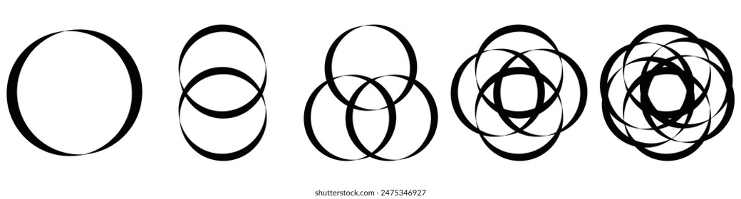 Simple overlapping circles vector drawing, version with three to seven objects, also interlocked rounds style. Vector illustration. Isolated on white background.