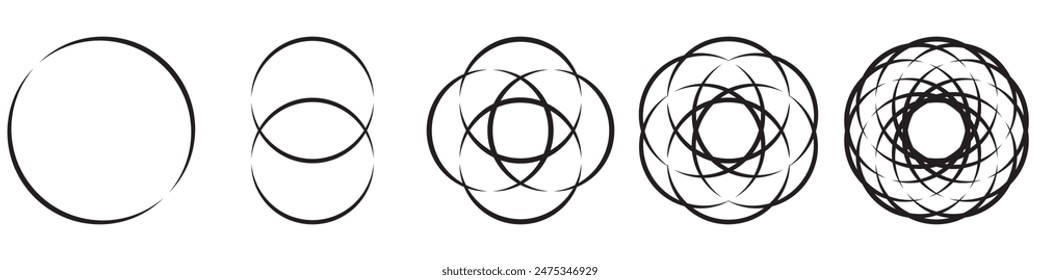 Einfache überlappende Kreise Vektorgrafik Zeichnung, Ausführung mit drei bis sieben Objekten, auch ineinander greifende Runden Stil. Vektorillustration. Isoliert auf weißem Hintergrund.