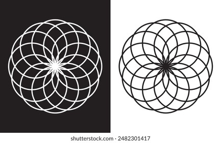 Simple overlapping circles vector drawing, version with three to seven objects, also interlocked rounds style.. Isolated on white and black background. Vector illustration. EPS 10