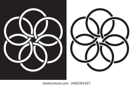 Simple overlapping circles vector drawing, version with three to seven objects, also interlocked rounds style.. Isolated on white and black background. Vector illustration. EPS 10
