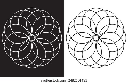 Simple overlapping circles vector drawing, version with three to seven objects, also interlocked rounds style.. Isolated on white and black background. Vector illustration. EPS 10