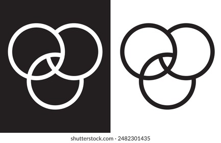 Simple overlapping circles vector drawing, version with three to seven objects, also interlocked rounds style.. Isolated on white and black background. Vector illustration. EPS 10