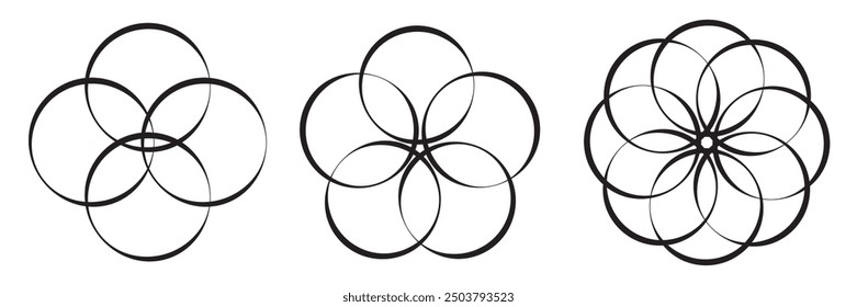 Simple overlapping circles vector drawing, version with three to seven objects, also interlocked rounds style. Isolated on white background. eps10