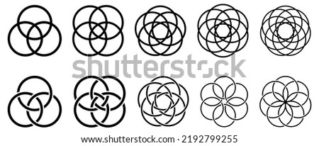 Simple overlapping circles vector drawing, version with three to seven objects, also interlocked rounds style