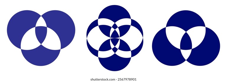 Simple overlapping  line circles vector drawing, version with three to seven objects, also interlocked rounds style. Vector illustration. Isolated on white background. EPS 10