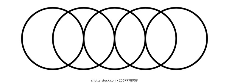 Simple overlapping  line circles vector drawing, version with three to seven objects, also interlocked rounds style. Vector illustration. Isolated on white background. EPS 10