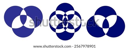 Simple overlapping  line circles vector drawing, version with three to seven objects, also interlocked rounds style. Vector illustration. Isolated on white background. EPS 10