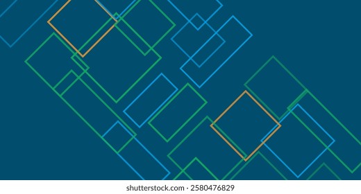 Simple Overlapping Rectangular Frames of Various Sizes, Colored in Green, Brown and Blue - Geometric Shapes Pattern, Gradient Texture on Wide Scale Background - Design Template in Editable Vector 