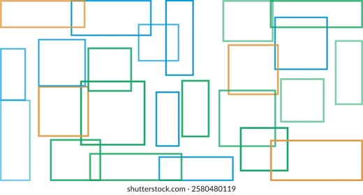 Simple Overlapping Rectangular Frames of Various Sizes, Colored in Green, Brown and Blue - Geometric Shapes Pattern, Texture on Wide Scale White Background - Design Template in Editable Vector 