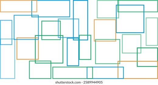 Simple Overlapping Rectangular Frames of Various Sizes, Colored in Green, Brown and Blue - Geometric Shapes Pattern, Texture on Wide Scale White Background - Design Template in Editable Vector 