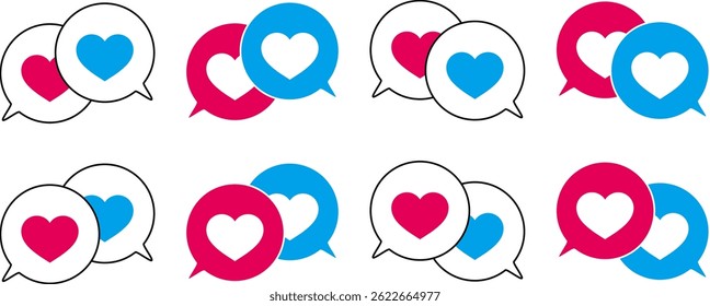 Simple overlapping speech bubble set, heart symbol, colorful, red blue