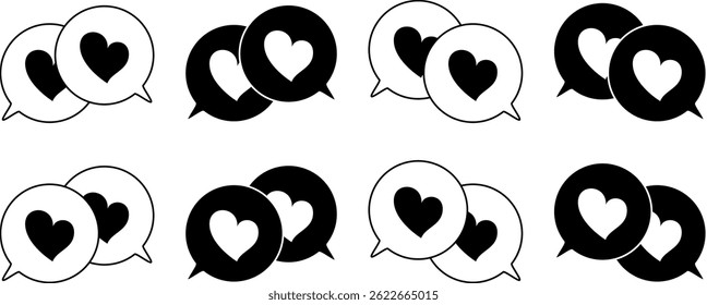 Simple overlapping speech bubble set, heart mark, black and white