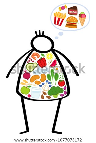 Simple overweight stick figure child on a diet, filled up with healthy vegetables, craving junk food, trying to lose weight, obese kid isolated on white background