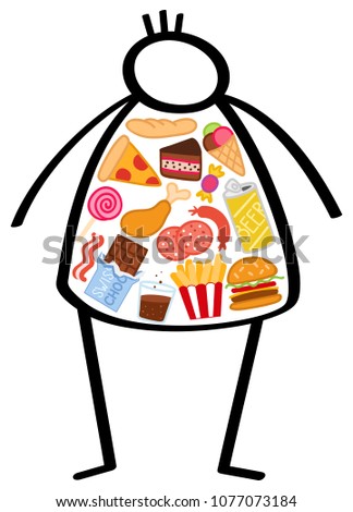 Simple overweight stick figure man, body filled with unhealthy foods, junk food, snacks, hamburger, pizza, chocolate and beer isolated on white background