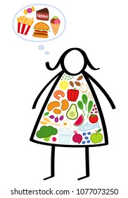 Simple overweight stick figure woman on a diet, body filled with healthy vegetables, craving junk food, trying to lose weight isolated on white background