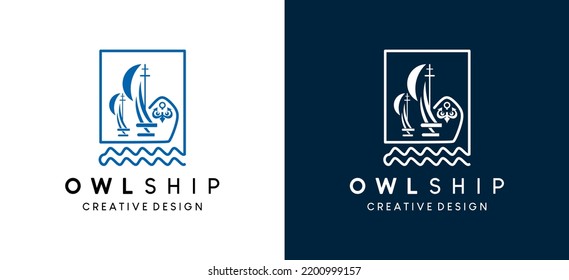 Simple owl shape boat sailing ship on ocean waves with creative line art style logo design