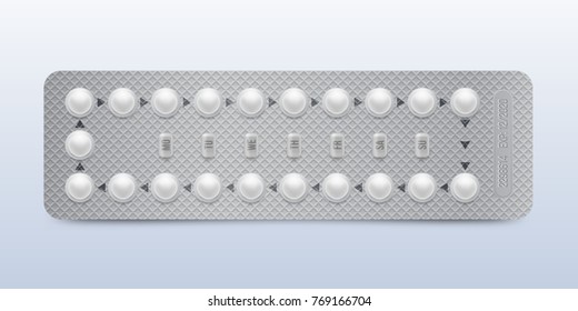 Simple packaging of birth control pills. Contraceptive pill, hormonal pills, birth control pills. Women oral contraception. Planning pregnancy concept.Realistic blister with contraceptive pills.