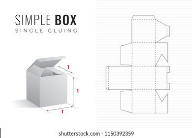 Simple Packaging Box Die Cut Cube Template with 3D Preview -  Black Editable Blueprint Layout with Cutting and Scoring Lines on Striped Background - Vector Draw Graphic Design