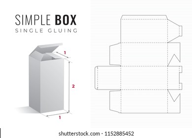 Simple Packaging Box Die Cut Double Height Template with 3D Preview -  Black Editable Blueprint Layout with Cutting and Scoring Lines on Striped Background - Vector Draw Graphic Design