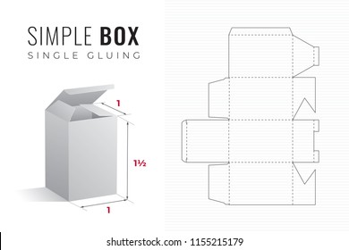 Simple Packaging Box Die Cut One and a Half Height Template with 3D Preview -  Black Editable Blueprint Layout with Cutting and Scoring Lines on Striped Background - Vector Draw Graphic Design