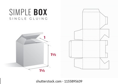 Simple Packaging Box Die Cut One and a Half Width and Height Template with 3D Preview -  Black Editable Blueprint Layout with Cutting and Scoring Lines on Striped Background - Vector Draw Design