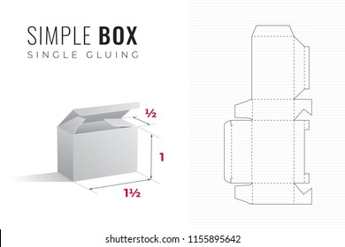 Simple Packaging Box Die Cut One and a Half Width Half Length Template with 3D Preview -  Black Editable Blueprint Layout with Cutting and Scoring Lines on Striped Background - Vector Draw Design