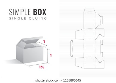 Simple Packaging Box Die Cut One and a Half Width Template with 3D Preview -  Black Editable Blueprint Layout with Cutting and Scoring Lines on Striped Background - Vector Draw Graphic Design