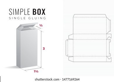 Simple Packaging Box Die Cut One and a Half Width Triple Height and Half Length Template with 3D Preview -  Black Blueprint Layout with Cutting and Scoring Lines on Background - Vector Draw Design