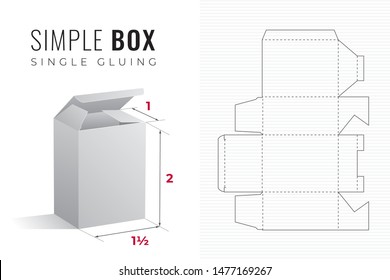 Simple Packaging Box Die Cut One and a Half Width Double Height Template with 3D Preview -  Black Editable Blueprint Layout with Cutting and Scoring Lines on Background - Vector Draw Graphic Design