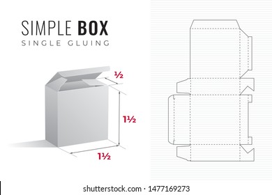 Simple Packaging Box Die Cut One and a Half Width and Height Half Length Template with 3D Preview -  Black Editable Blueprint Layout with Cutting and Scoring Lines on Background - Vector Draw Design