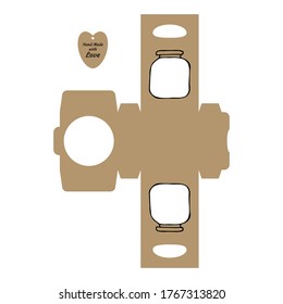 Simple Packaging Box Die Cut Cube Template with jar and tag with text “Thank You Hand Made with Love” on white background. Vector Draw Graphic Design.