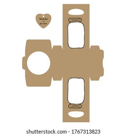 Simple Packaging Box Die Cut Cube Template with jar and tag with text “Thank You for Your Order” on white background. Vector Draw Graphic Design.
