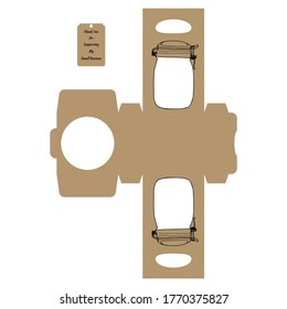 Simple Packaging Box Die Cut Cube Template with jar and tag with text “Thank You for Supporting My Small Business” on white background. Vector Draw Graphic Design.