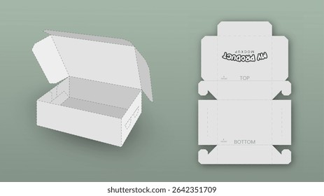 Simple Packaging Box Die Cut Cube Template with 3D Preview, White Editable Blueprint Layout with Cutting Lines, Vector Illustration